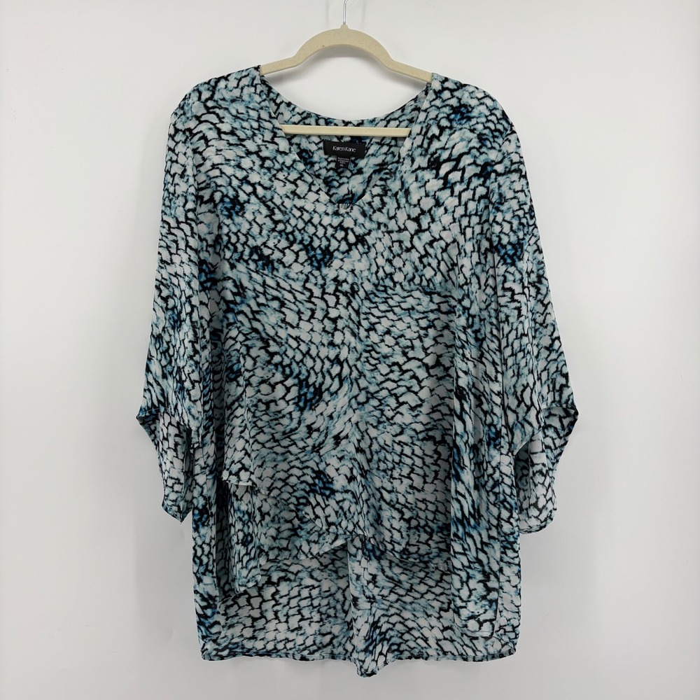 Karen Kane Blouse Blue Black Women XL V-Neck Kimono Sleeve High Low Abstract Top